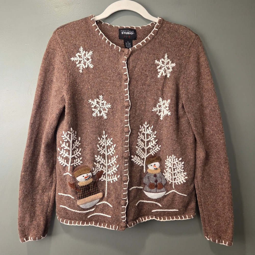 Vintage Studio Joy Women's Embroidered Snowman Cardigan Sweater Brown Size S
